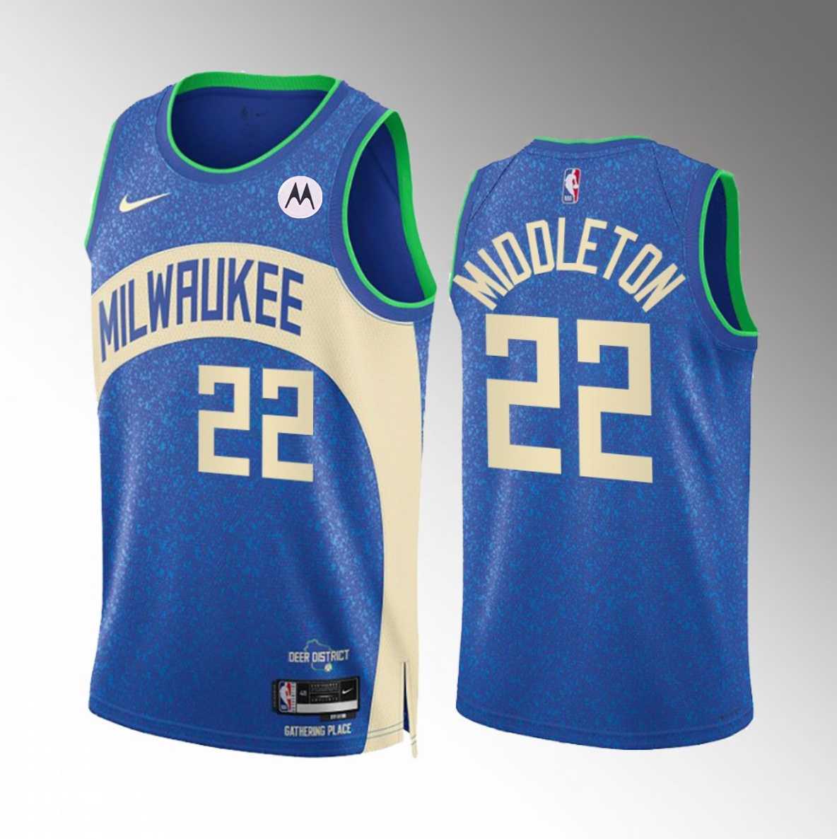 Men's Milwaukee Bucks #22 Khris Middleton Blue 2023-24 City Edition Stitched Basketball Jersey Dzhi